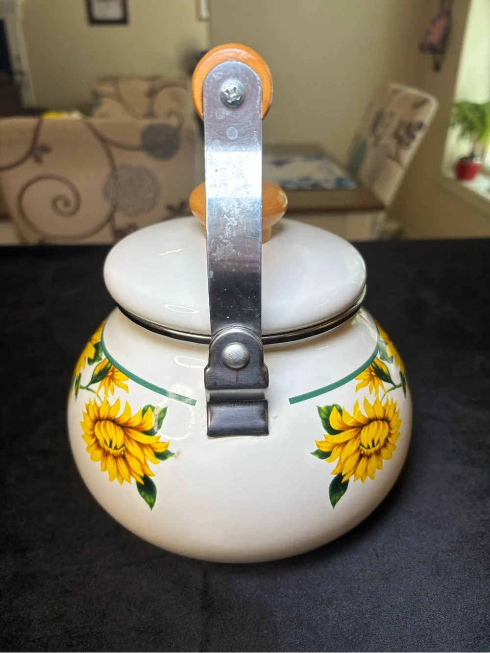 Vintage Teapot Classic White Enamel Body/ Vibrant Sunflower Design